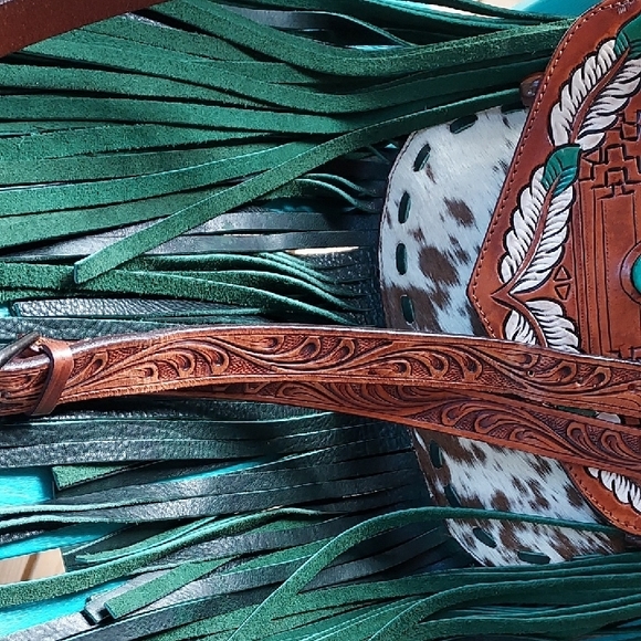 Hand Crafted Brown and Green Fringed Crossbody Bag - Picture 5 of 9